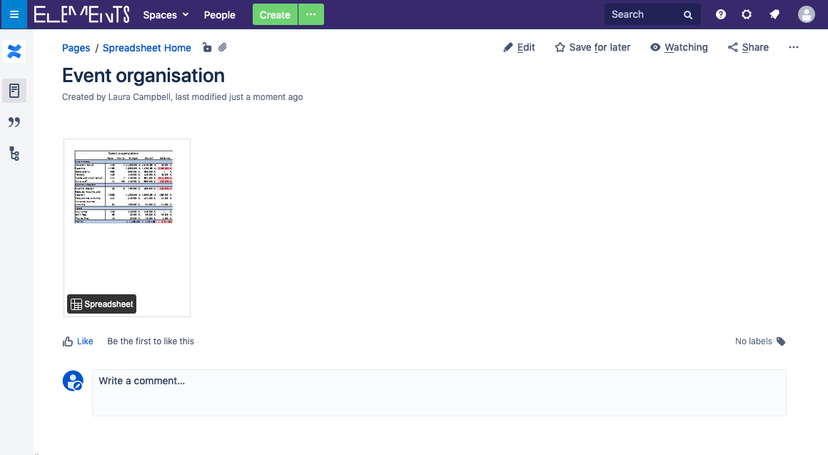 Excel displayed in Confluence