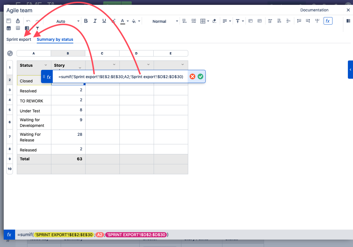 Elements Spreadsheet formulas for sprint retrospective