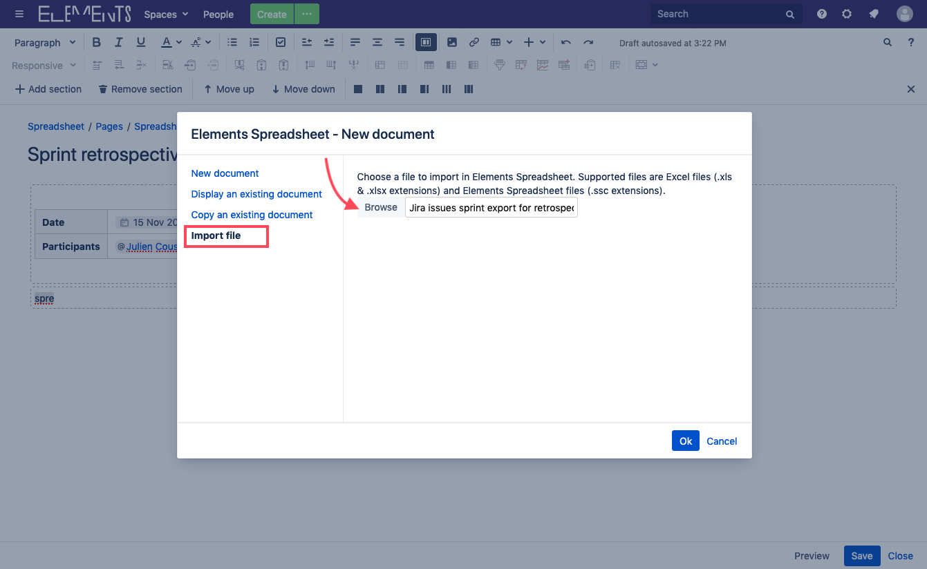 Import Excel file to Confluence with Elements Spreadsheet