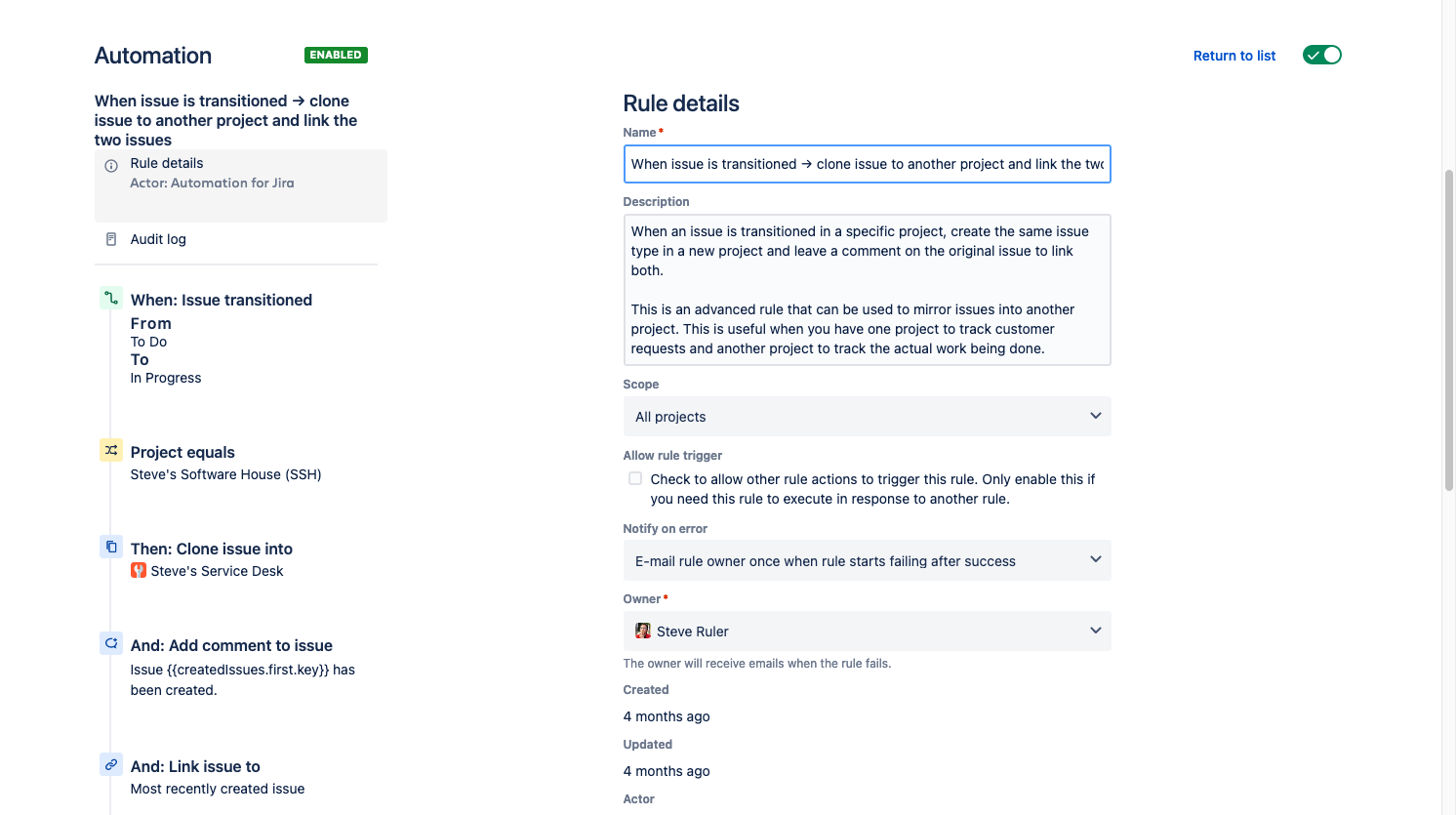 Automation template library rule lone issue to another project and link the two issues