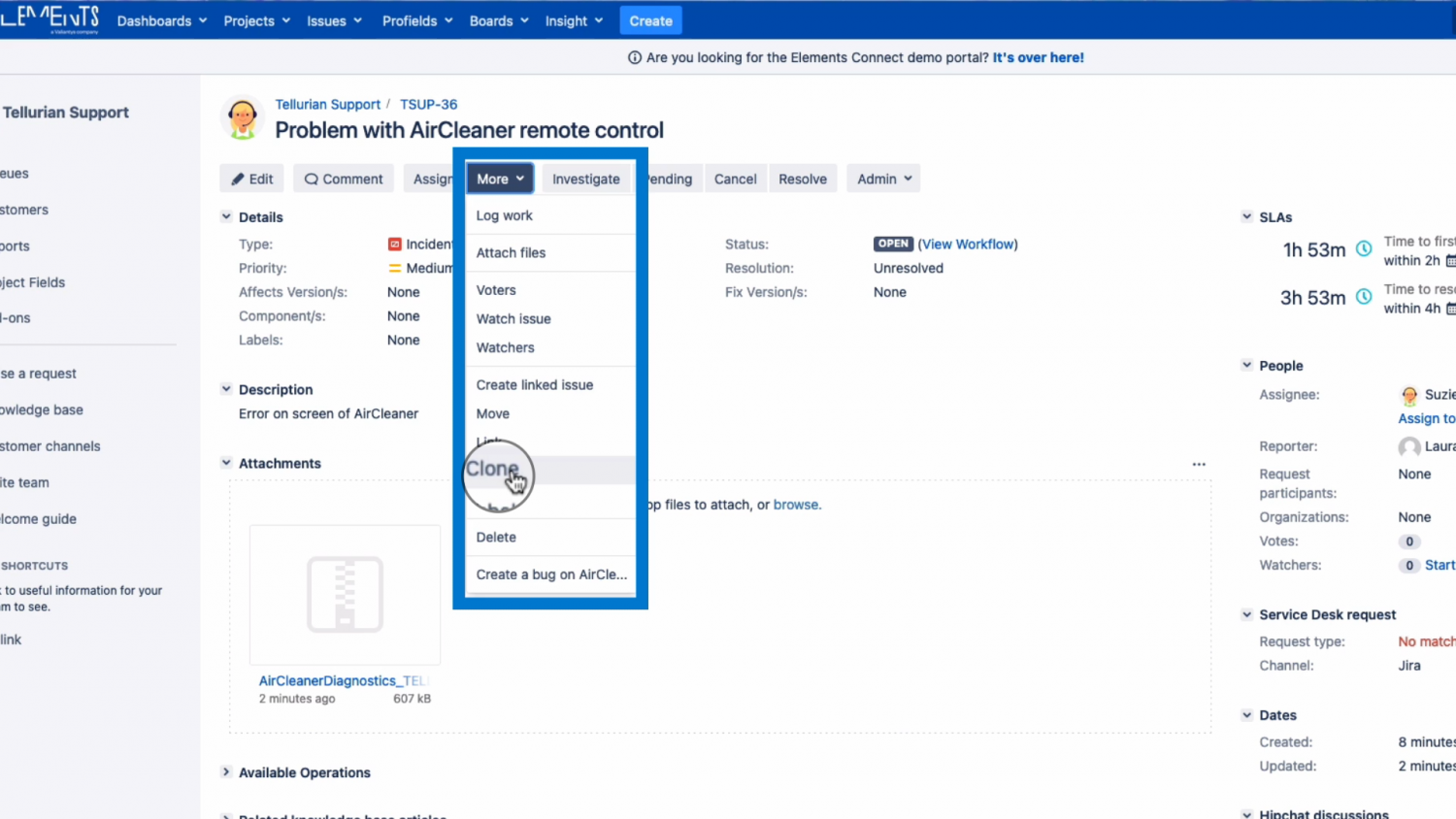 Jira native clone option from more menu