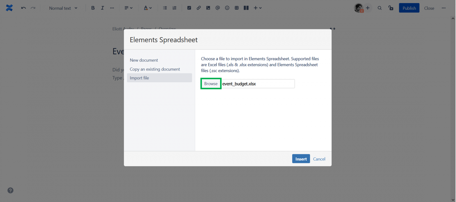 Import Excel file into Confluence Elements Spreadsheet