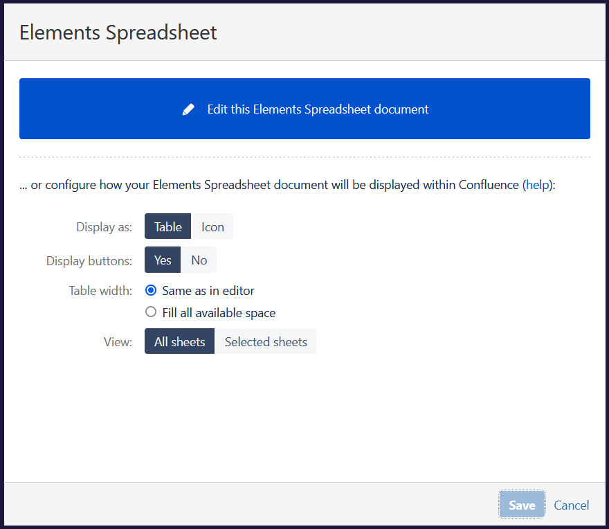 Options to display spreadsheet tabs sheets in Confluence