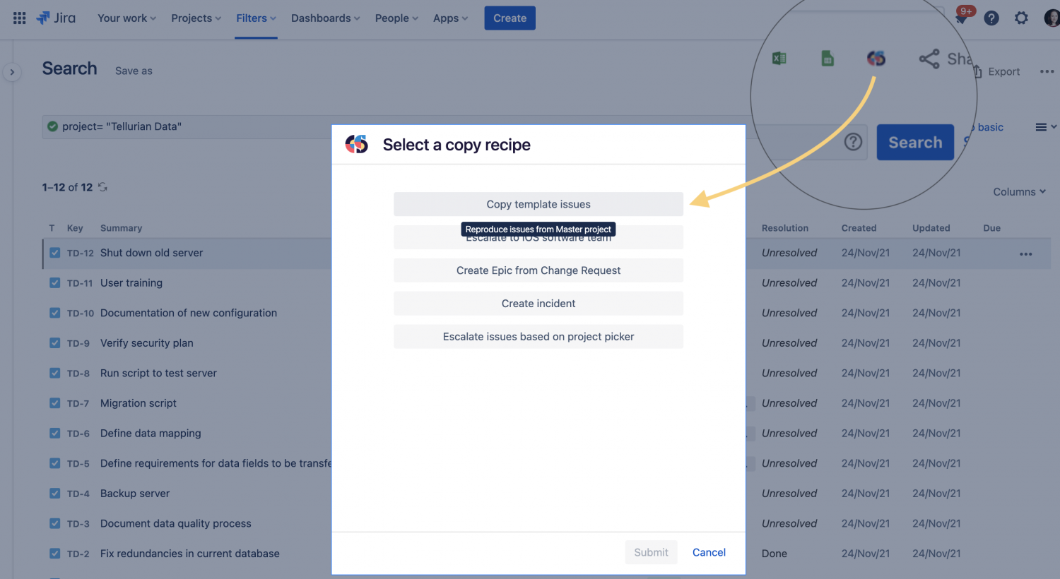 Bulk clone from Jira search results with Elements Copy & Sync