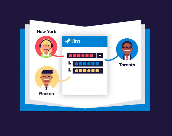 An illustration featuring three Tellurian characters representing users in New York, Boston, and Toronto, interacting with a Jira dashboard.