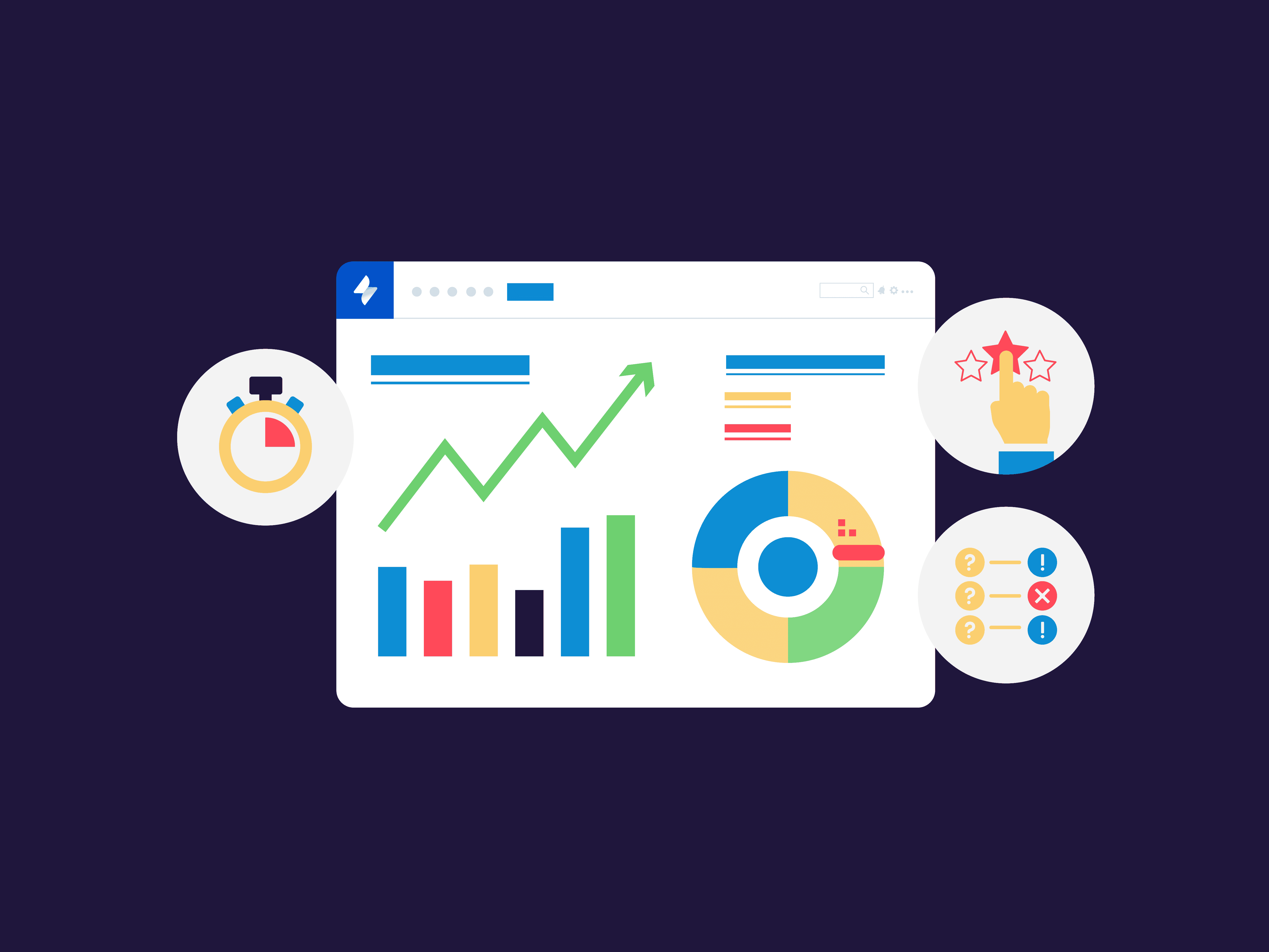 Illustration showing experience level agreement (XLA) metrics with performance charts, customer satisfaction ratings, and issue tracking to enhance IT services and user experience.