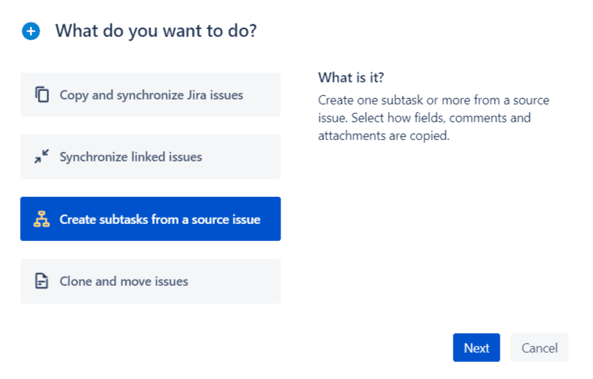 Create subtasks from a source issue in Jira with Elements Copy & Sync Create an Elements Copy & Sync recipe
